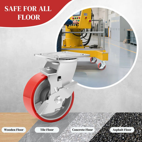 Heavy Duty 6 Inch Plate Caster Wheels 2400 Lbs Total Load Silent Polyurethane On Steel Hub For Tool Carts And Workbenches