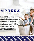 A child in a laundry basket pointing while a woman smiles behind in a bright, modern kitchen with text about Impresa's innovative solutions.