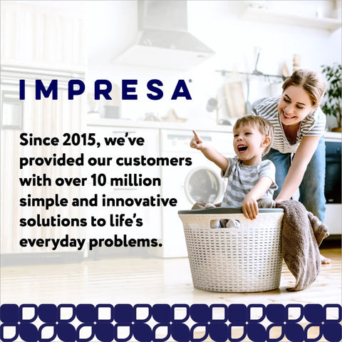 A child in a laundry basket pointing while a woman smiles behind in a bright, modern kitchen with text about Impresa's innovative solutions.