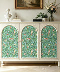 Hassle Free Peel And Stick Wallpaper Featuring Vintage Botanical Bird Graphics And Teal Green Pomegranate Vibes For Smooth Cabinet Wraps And Prepasted Removable Vinyl Rolls on white cabinet.