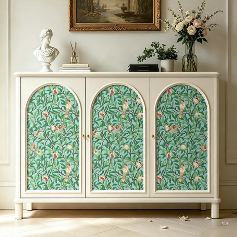 Hassle Free Peel And Stick Wallpaper Featuring Vintage Botanical Bird Graphics And Teal Green Pomegranate Vibes For Smooth Cabinet Wraps And Prepasted Removable Vinyl Rolls on white cabinet.