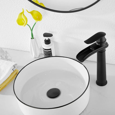 Matte Black Farmhouse Vessel Sink Faucet With One Hole, Tall Above Counter Waterfall Style, Single Handle, Drip Free Ceramic Disc