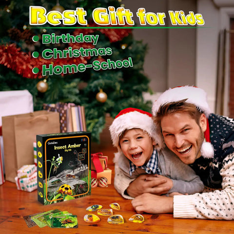 Amber Dig Kit With Real Insects Encased In Resin, family enjoying STEM educational gift by Christmas tree, perfect for kids 6-12.