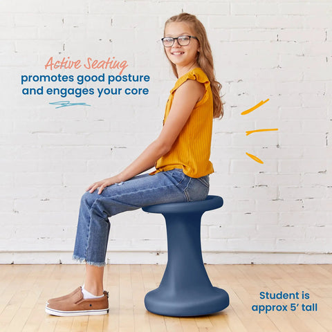 Twist Active Wobble Stool For Flexible Classroom Seating And Collaboration, 18 Inch Seat Height Navy Color, student sitting.