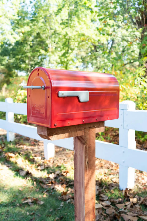 Boulder Post Mounted Mailbox 7900-7R-SR Red Built Tough All Weather Galvanized Steel Rust Resistant in outdoor setting