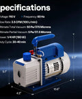 Image of Pro Grade 3.5 CFM Single Stage HVAC Vacuum Pump for Auto AC Systems with specifications displayed.