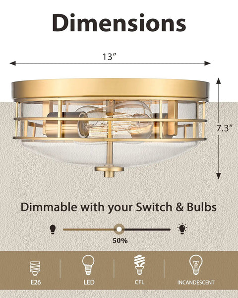 13 Inch Flush Mount Ceiling Light Fixture With Clear Glass And Brushed Gold Finish Modern Farmhouse Style dimensions