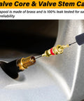 All In One Tire Valve Repair Kit With 2 Stem Removal Tools, 20 Valve Cores, 10 Caps, 1 Four Way Tool showing brass valve core and cap
