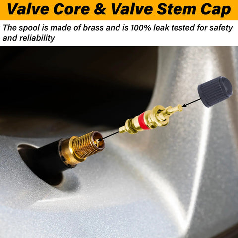 All In One Tire Valve Repair Kit With 2 Stem Removal Tools, 20 Valve Cores, 10 Caps, 1 Four Way Tool showing brass valve core and cap