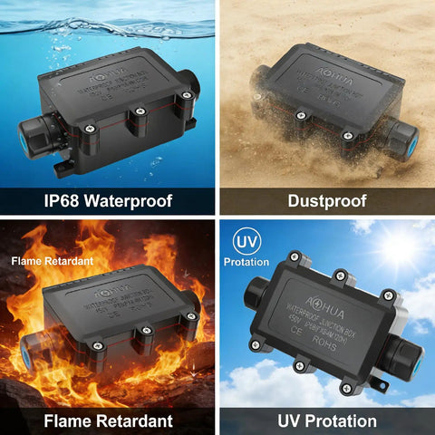 IP68 Outdoor Waterproof Junction Box With M20 Connector For 5 To 13 Millimeter Cables 2 Way Underground Splice Light Box Includes 4 Way Terminal Block Seals And Screws 450V 20A Rating Built For Easy Install, black plastic outdoor use