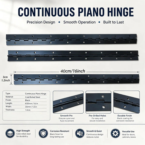 16 Inch Continuous Piano Hinge Heavy Duty Black Steel Hinges For Cabinets Doors Boxes Furniture 4 Pack showing rust resistant finish and precision design.