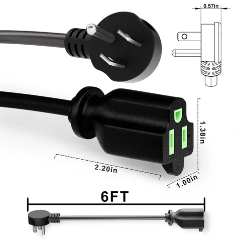 6 Foot 14 Gauge 3 Conductor Black Flat Plug Extension Cord Low Profile Design For Tight Spaces Behind Furniture Desks Or Bookshelves Indoor Use ETL Listed Safe Indoor Outdoor Ready Power Cable, 6 ft