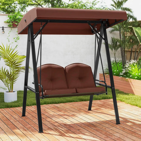 Two Person Patio Porch Swing With Adjustable Canopy Heavy Duty Metal Frame Comfy Cushions Outdoor Garden Swing for Backyard