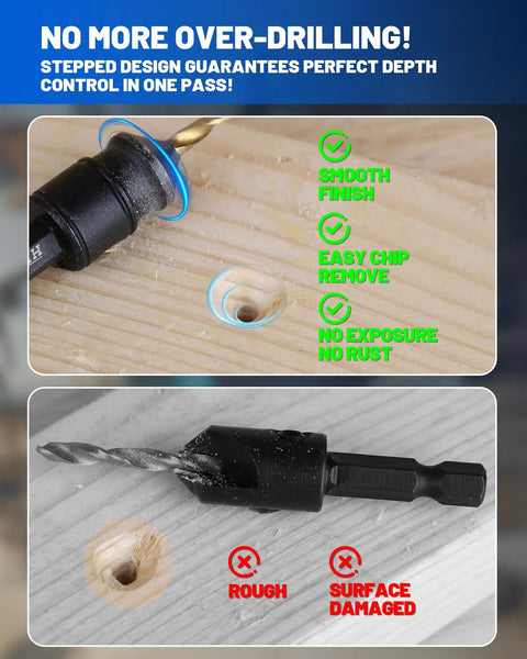 Woodworking Countersink Drill Bit Set For Wood With 14 Pieces Includes Sizes 4 6 8 10 12 Quarter Inch Hex Shank Magnetic Extension