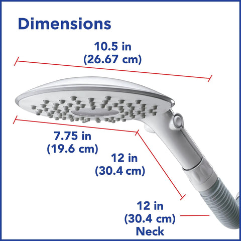 Flexible Arm Rainfall Shower Head With 12 Inch Flex Neck And 7.5 Inch Large Face, Easy DIY Install, showing dimensions.