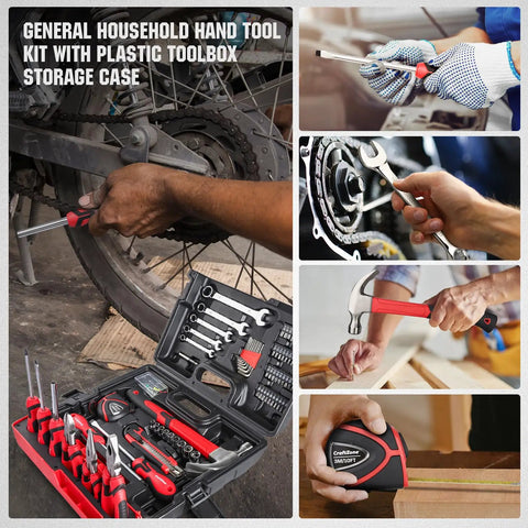 75-Piece Home Tools Kit With Plastic Toolbox Storage Case And Integrated Standing Tool Rack in use for repairs.