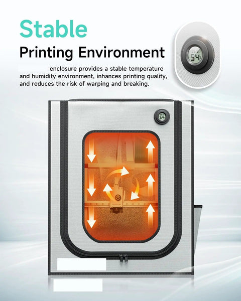 Enclosure for A1 3D Printer With LED Light, Big Interior At 550 x 600 x 670mm, highlighting airflow and temperature gauge