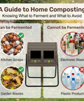 Dual Chamber 37.5 Gallon Rotating Compost Tumbler With Locking Doors No Fuss BPA Free Outdoor Bin For Garden Yard Farm Waste 360 Degree Turn Easy Build Wood Grain Style Compost Bin shown with guide to compostable materials