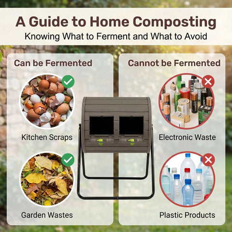 Dual Chamber 37.5 Gallon Rotating Compost Tumbler With Locking Doors No Fuss BPA Free Outdoor Bin For Garden Yard Farm Waste 360 Degree Turn Easy Build Wood Grain Style Compost Bin shown with guide to compostable materials