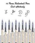 Front view of 12 Pack 0.35mm Black Gel Ink Pens Extra Fine Point for Office and School Use Slick Roller Ball Style Precise Writing.