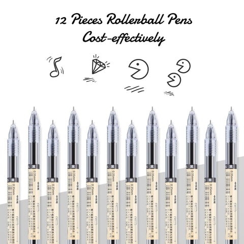 Front view of 12 Pack 0.35mm Black Gel Ink Pens Extra Fine Point for Office and School Use Slick Roller Ball Style Precise Writing.