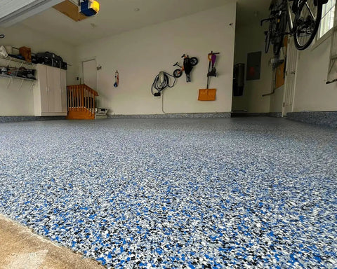 High Solids Polyaspartic Topcoat Kit 2 Gallons Clear Gloss Finish Easy 1 To 1 Mix Ratio UV Abrasion And Scratch Protection For Home And Industrial Floors Durable Smooth Application Long Lasting Shine on speckled garage floor