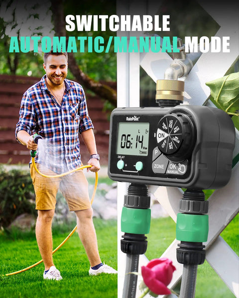 Brass Two Station Hose Timer With Large Digital Display Six Programmable Programs Per Day And Delay Start Manual And Auto
