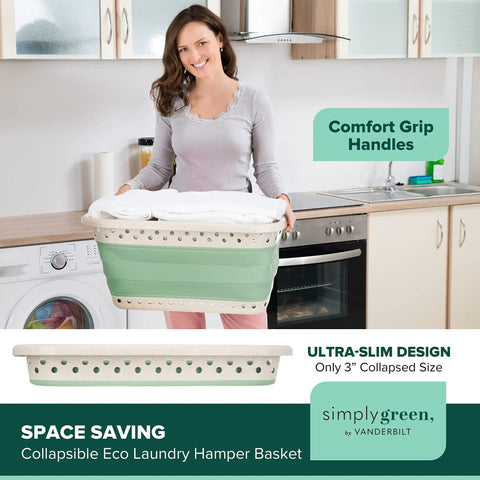 Person holding Eco Friendly Wheat Straw Collapsible Storage Bin For Home Organization Big 25 Inch Laundry Hamper in kitchen