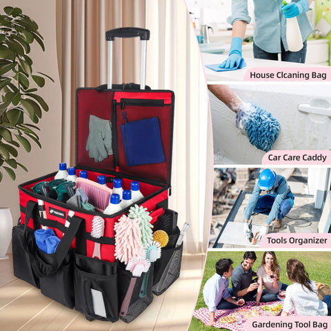 Rolling Cleaning Caddy With Wheels Large Capacity 40L in use for various tasks like housekeeping, car care, and gardening, featuring multiple pockets.