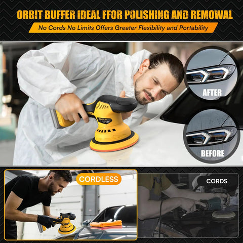 Man using Cordless Car Buffer Polisher Kit 6 Inch Brushless Dual Action Orbital Polisher With 8 Speed Settings Up To 5500 RPM