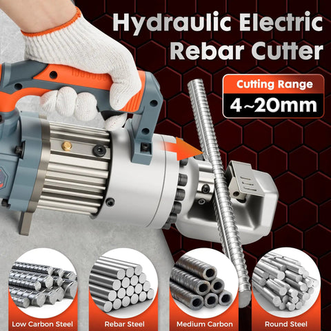 Heavy Duty 3/4 Inch Electric Hydraulic Rebar Cutter RC20B with cutting range for 4-20mm rebar, shown in hand for usage.