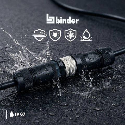 M12 L Coded 4 Plus FE Unshielded Power Cable Connector IP67 for 8 to 13mm Cables, Screw On M12 Thread, Industrial Grade, Field Ready Rugged Waterproof IP Rated, DIN EN IEC 61076-2-111 Compatible, black connector on cable