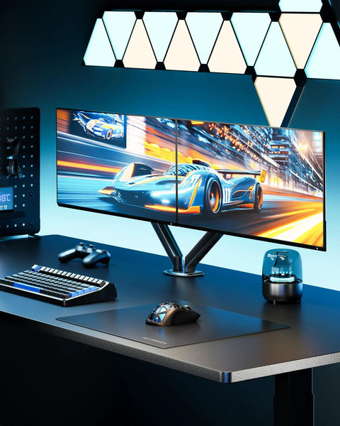 Built Tough Heavy Duty Dual Monitor Arm Stand With Full Motion Adjustment Fits 17 To 32 Inch Screens Supports 20 Lbs Per Arm Zero Sagging Steel Frame on a sleek desk setup with gaming monitors.