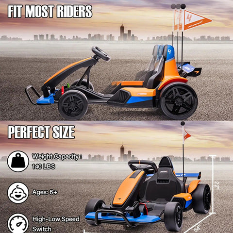 Two views of Licensed McLaren Electric Go Kart For Kids With Drift Pedal, 400W Dual Motors, 10Ah Battery, LED Lights, Racing Flag