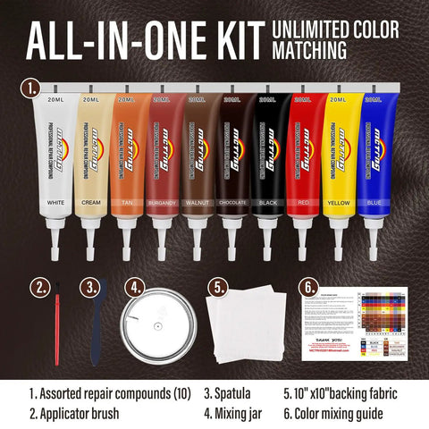 Leather And Vinyl Repair Kit For Car Seats And More All In One With 10 Pigments For Dope Color Matching Easy Instructions To Restore Faux Leather Pleather And Genuine Leather No Experience Needed featuring tubes of various colors, applicator brush, and mixing tools.