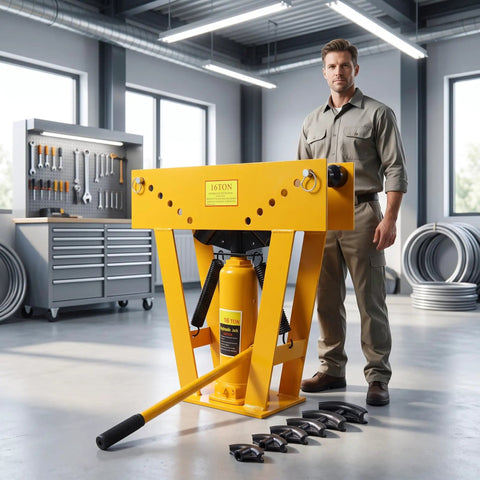 Beefy 16 Ton Manual Hydraulic Pipe Bender Kit With 8 Dies next to technician in workshop environment.