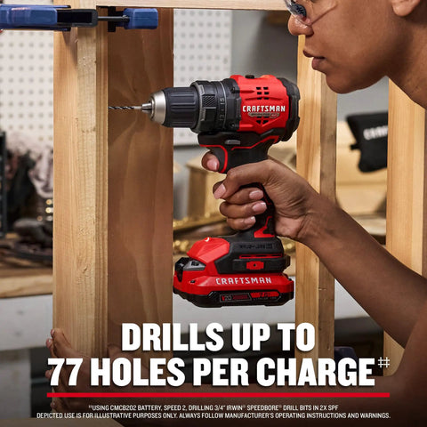 Man using compact brushless drill driver with LED light, 6.2 in head for tight spaces, variable speed trigger, 20V power, includes battery and charger.