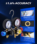 4 Way AC Gauge Set For R410a R22 R134a Refrigerant With 4 Valve Automotive Manifold, dual gauges, calibration features shown.