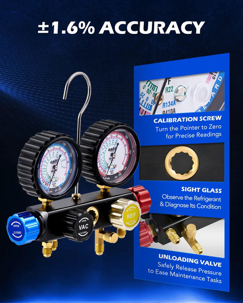 4 Way AC Gauge Set For R410a R22 R134a Refrigerant With 4 Valve Automotive Manifold, dual gauges, calibration features shown.