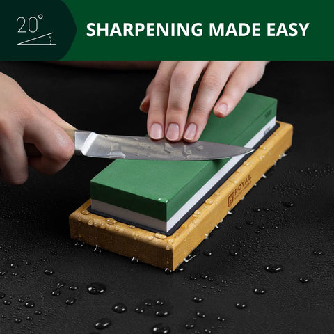 Sharpening a chef knife on a Dual Grit Whetstone Knife Sharpening Stone 1000 And 6000 with bamboo base