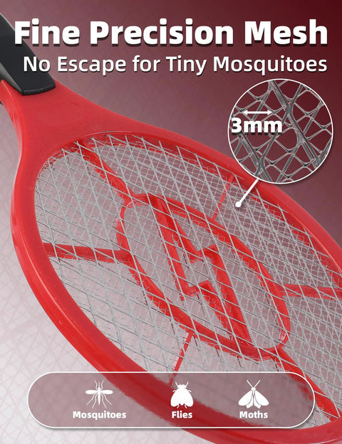 Close-up of red handheld electric fly zapper racket with fine mesh, part of 2 Pack Electric Fly Zapper Rackets Handheld Bug Swatters Red And Blue Battery Powered For Mosquitoes And Flies With Safe Protective Mesh No Spray Indoor And Outdoor Use Batteries Not Included.