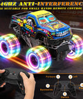 Monster Truck RC Car For Kids 1 To 20 Scale 2.4GHz All Terrain Toy With Lights rechargeable batteries shown with glowing wheels and remote