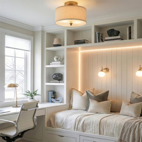 Newport 14 Inch Modern Two-Light Semi-Flush Mount Ceiling Light With Beige Linen Drum Shade And Oil-Rubbed Bronze Finish in bedroom.
