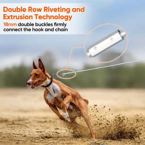 Dog running with 15Ft Reflective Tie Out Cable For Dogs Up To 250 Pounds, Heavy Duty Stainless Steel Wire Leash With Dual Fix Buckle