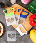 Andibro 4-piece onion slicer/holder set with green, orange, blue, white handles and stainless steel blades