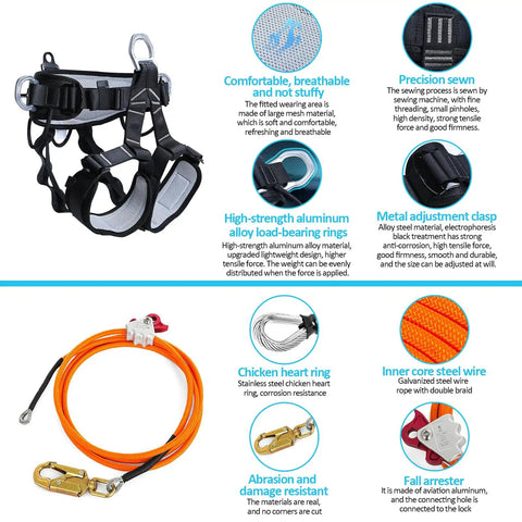 All In One Tree Climbing Gear Set With Adjustable Climbing Straps including harness, steel core flip line, and metal clasps