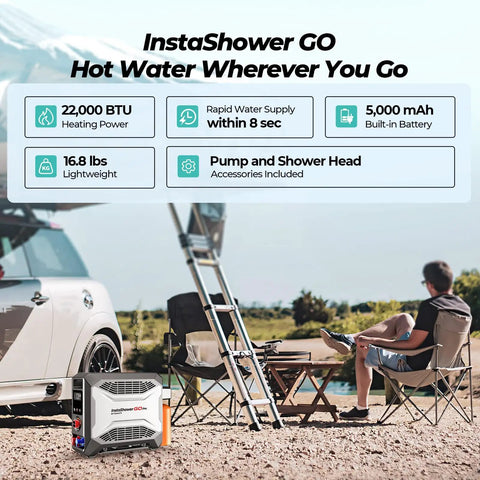 InstaShower GO Pro Portable Propane Hot Shower System with 22000 BTU, 5000mAh Battery, and 12V Pump shown in camping setup