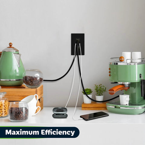 High Speed USB Wall Outlet With Tamper Resistant Receptacles in kitchen powering multiple devices, nickel finish, 15A household outlet.