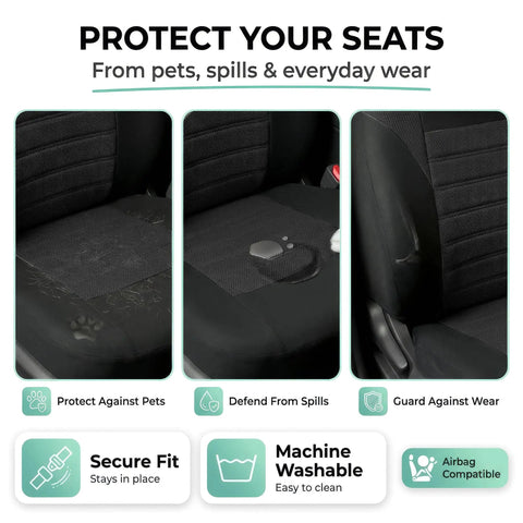 Premium 3D Air Mesh Front Seat Covers Set for Cars, Trucks, and SUVs, showing spill-resistant and pet protection features.
