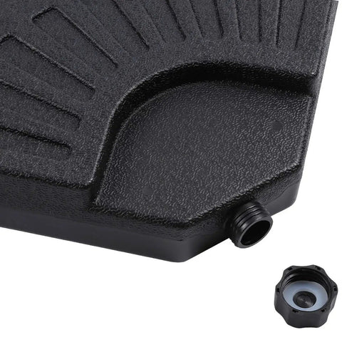Close-up of black HDPE fan-shaped base with water fill cap, part of Fan Shaped Self Filled Umbrella Base Set Of Four For Cantilever Offset Umbrellas